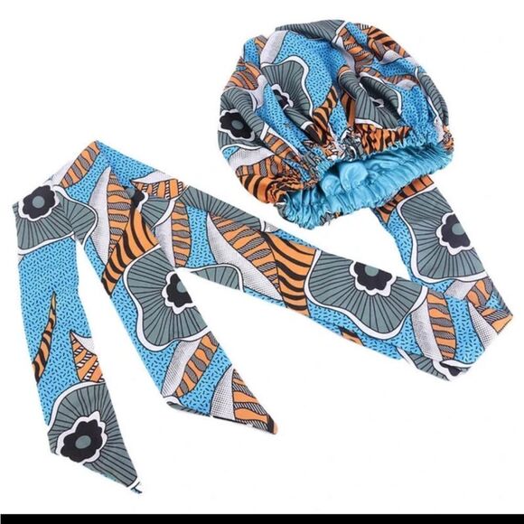 African Print Satin Bonnet With Long Ribbon Wrap - Picture 7 of 10